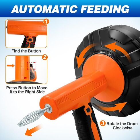 Auto Feed Drain Auger with Gloves, 33 Ft Drain Snake Hair Clog Remover, Heavy Duty Plumbing Snake Drain Clog Remover for Bathroom Sink, Bathtub Drain, Shower Cleaning in Kuwait