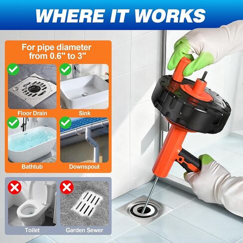 Auto Feed Drain Auger with Gloves, 33 Ft Drain Snake Hair Clog Remover, Heavy Duty Plumbing Snake Drain Clog Remover for Bathroom Sink, Bathtub Drain, Shower Cleaning in Kuwait