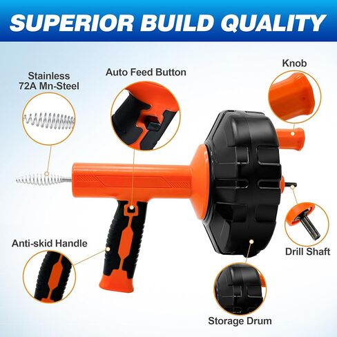 Auto Feed Drain Auger with Gloves, 33 Ft Drain Snake Hair Clog Remover, Heavy Duty Plumbing Snake Drain Clog Remover for Bathroom Sink, Bathtub Drain, Shower Cleaning in Kuwait