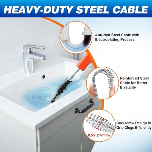 Auto Feed Drain Auger with Gloves, 33 Ft Drain Snake Hair Clog Remover, Heavy Duty Plumbing Snake Drain Clog Remover for Bathroom Sink, Bathtub Drain, Shower Cleaning in Kuwait