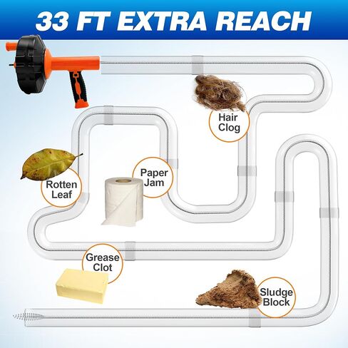 Auto Feed Drain Auger with Gloves, 33 Ft Drain Snake Hair Clog Remover, Heavy Duty Plumbing Snake Drain Clog Remover for Bathroom Sink, Bathtub Drain, Shower Cleaning in Kuwait