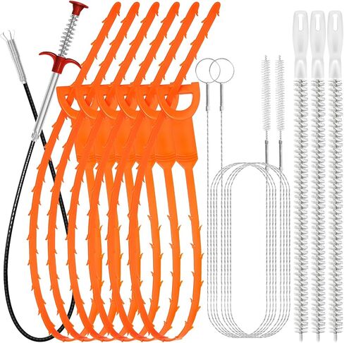 Drain Snake 12 Set: 25inch Snake Drain Hair Removal Tool(1PCS), 59inch Cleaning Brush(2PCs), 25inch Drain Clog Remover(6PCS), 18inch Sink Drain Brush(3PCS) For Bath Tub, Toilet, Kitchen Sink, Sewer in Kuwait