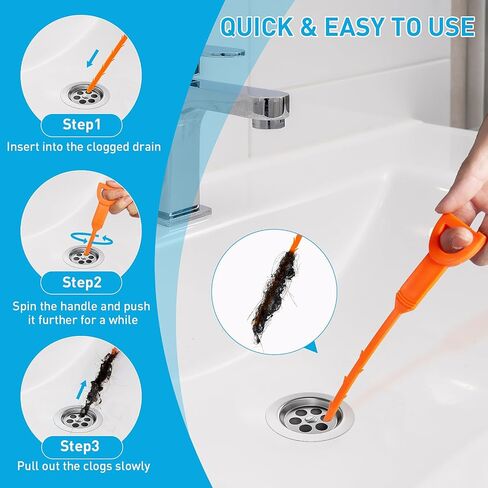 Drain Snake 12 Set: 25inch Snake Drain Hair Removal Tool(1PCS), 59inch Cleaning Brush(2PCs), 25inch Drain Clog Remover(6PCS), 18inch Sink Drain Brush(3PCS) For Bath Tub, Toilet, Kitchen Sink, Sewer in Kuwait