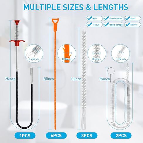 Drain Snake 12 Set: 25inch Snake Drain Hair Removal Tool(1PCS), 59inch Cleaning Brush(2PCs), 25inch Drain Clog Remover(6PCS), 18inch Sink Drain Brush(3PCS) For Bath Tub, Toilet, Kitchen Sink, Sewer in Kuwait