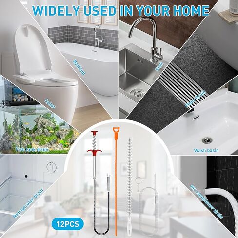 Drain Snake 12 Set: 25inch Snake Drain Hair Removal Tool(1PCS), 59inch Cleaning Brush(2PCs), 25inch Drain Clog Remover(6PCS), 18inch Sink Drain Brush(3PCS) For Bath Tub, Toilet, Kitchen Sink, Sewer in Kuwait
