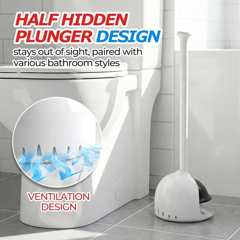 مكبس مرحاض مع حامل، مكبس عالي التحمل وحامل كومبو لتنظيف الحمام، ديكور الحمام، ملحقات الحمام، منظفات المرحاض، أبيض 18.8 بوصة in Kuwait