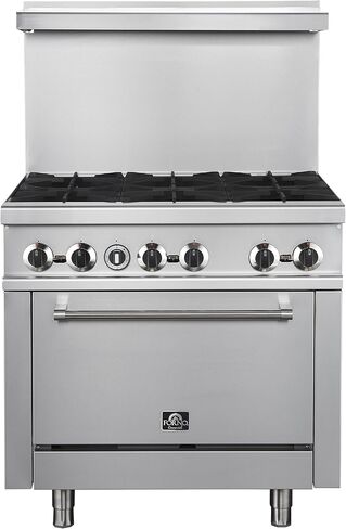 مجموعة غاز من الفولاذ المقاوم للصدأ مقاس 36 بوصة من Forno Commerciale مع 6 شعلات محكمة الغلق - إجمالي 180.000 وحدة حرارية بريطانية - موقد مطبخ احترافي قائم بذاته وتصميم سهل التنظيف in Kuwait