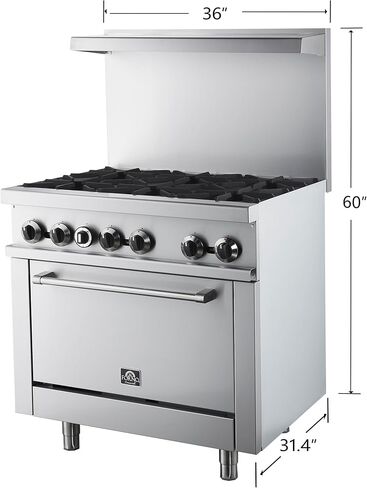 مجموعة غاز من الفولاذ المقاوم للصدأ مقاس 36 بوصة من Forno Commerciale مع 6 شعلات محكمة الغلق - إجمالي 180.000 وحدة حرارية بريطانية - موقد مطبخ احترافي قائم بذاته وتصميم سهل التنظيف in Kuwait