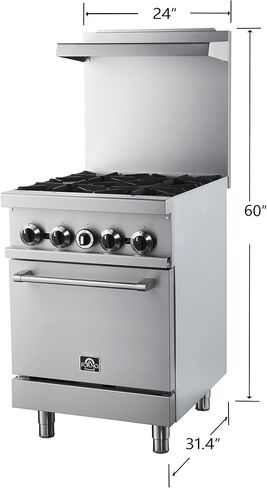 مجموعة غاز من الفولاذ المقاوم للصدأ مقاس 24 بوصة من Forno Commerciale مع 4 شعلات محكمة الغلق - إجمالي 120.000 وحدة حرارية بريطانية - موقد مطبخ احترافي قائم بذاته وتصميم سهل التنظيف in Kuwait