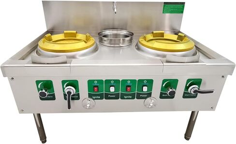 Commercial Gas Wok Stove Double Head High Fire Stove Stainless Steel Wok Range Natural LPG Gas Cooker Commercial Kitchen Stove with Baffle and Water Basin 110V in Kuwait