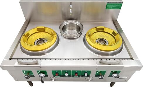 Commercial Gas Wok Stove Double Head High Fire Stove Stainless Steel Wok Range Natural LPG Gas Cooker Commercial Kitchen Stove with Baffle and Water Basin 110V in Kuwait