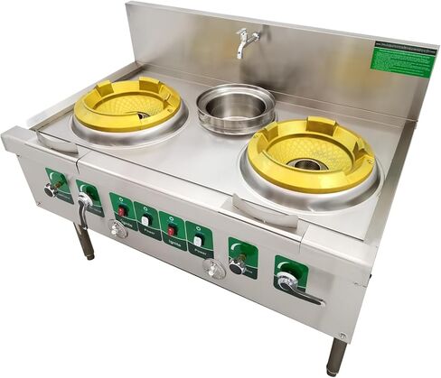 Commercial Gas Wok Stove Double Head High Fire Stove Stainless Steel Wok Range Natural LPG Gas Cooker Commercial Kitchen Stove with Baffle and Water Basin 110V in Kuwait