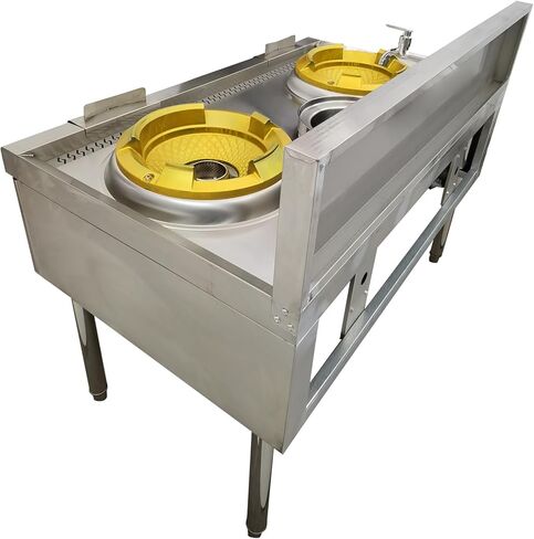 Commercial Gas Wok Stove Double Head High Fire Stove Stainless Steel Wok Range Natural LPG Gas Cooker Commercial Kitchen Stove with Baffle and Water Basin 110V in Kuwait
