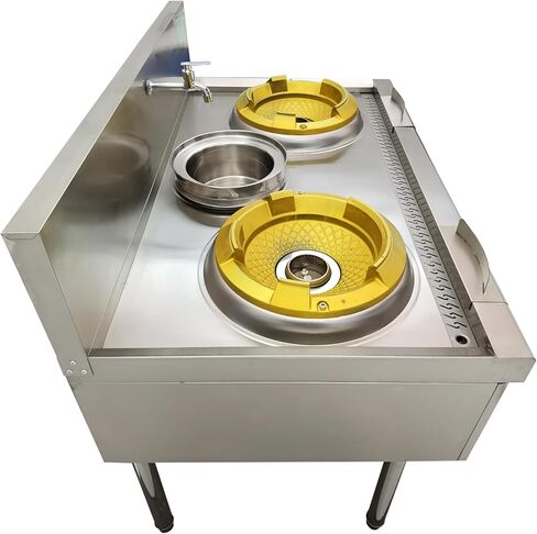 Commercial Gas Wok Stove Double Head High Fire Stove Stainless Steel Wok Range Natural LPG Gas Cooker Commercial Kitchen Stove with Baffle and Water Basin 110V in Kuwait