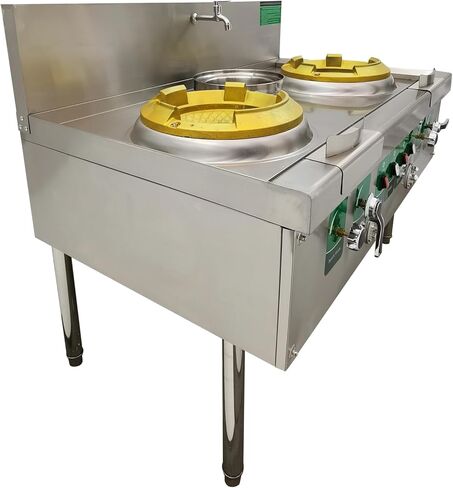 Commercial Gas Wok Stove Double Head High Fire Stove Stainless Steel Wok Range Natural LPG Gas Cooker Commercial Kitchen Stove with Baffle and Water Basin 110V in Kuwait