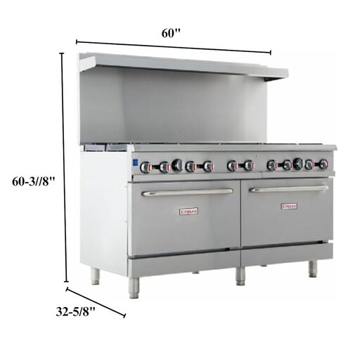 EMPURA 60" Freestanding Natural Gas Range | Cooking Stove with Dual Standard Ovens and (10) Cast-Iron Open Burners for Kitchen Restaurant | 360,000 BTU | 60"W x 32-5/8"D x 60-3/8"H, Stainless Steel in Kuwait
