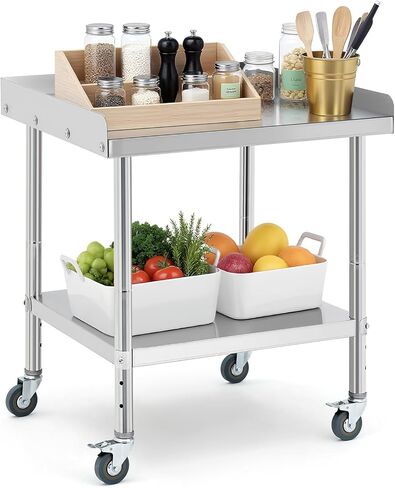 Stainless Steel Workstation with Removable Splash Guard & Locking Casters - 28x24x30 Inch Commercial Prep Table with 4 Heavy-Duty Wheels - Metal Work Surface for BBQ, Kitchen, Restaurant & Home Use in Saudi Arabia