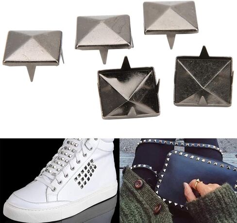 Alomejor Square Pyramid Punk Rivets 4 Claw Metal Studs for Clothing Shoes Handbag, Brass Rivet Studs for DIY Leather Craft, 100pcs 10mm Gold Rivets (Silver Black #17) in Saudi Arabia