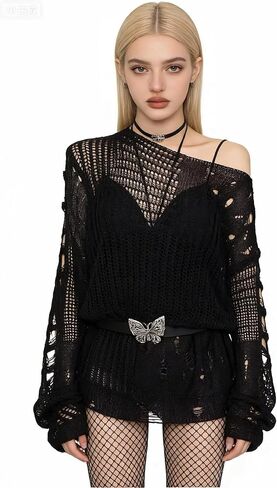 URAWESO Goth Y2K Striped Sweater Ripped Punk Gothic Sweaters for Women Harajuku Aesthetic Halloween Pullover Tops in Kuwait