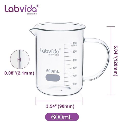 Glass Beaker with Handle, 2PCS of Vol. 600ml, 3.3 Borosilicate Griffin Low Form with Printed Graduation,LVAT005 in Saudi Arabia