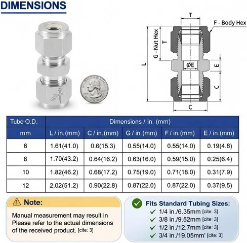 تركيب أنبوب ضغط من الفولاذ المقاوم للصدأ 316 مقاس 12 مم OD × 12 مم OD موصل محول اتحاد مستقيم مع حلقات مزدوجة لوصلات الزيت والكيماويات والغاز الطبيعي in Kuwait