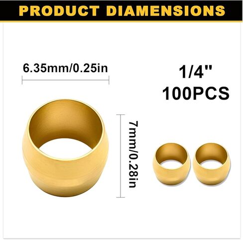 Siptenk 100PCS Brass Compression Sleeves Ferrules for Tube OD 1/4", Hose Compression Fitting Brass Ferrule for DOT Air Brake Lines, Water, Fuel, Oil in Kuwait