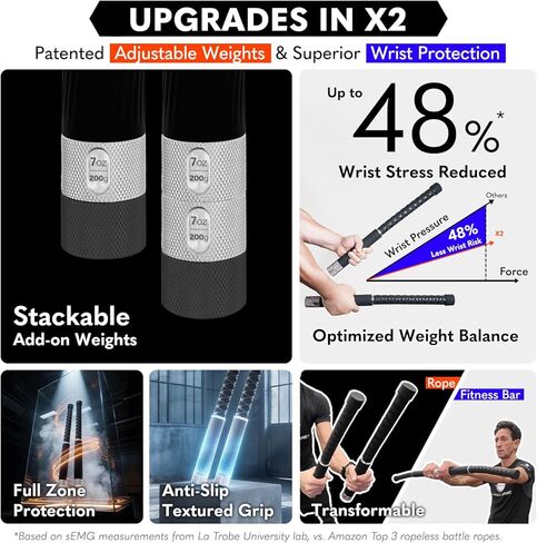 X2 حبال معركة بدون حبال وزن قابل للتعديل - هيكل مناسب للمعصم، أوزان إضافية قابلة للتكديس، حبل وقضيب بأشكال مزدوجة قابلة للتحويل، حبال معركة لاسلكية احترافية in Kuwait