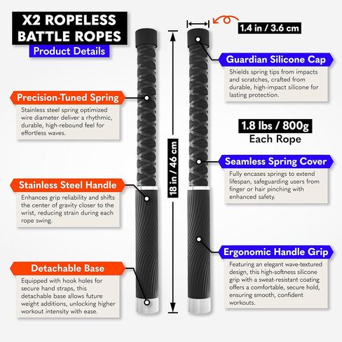 X2 حبال معركة بدون حبال وزن قابل للتعديل - هيكل مناسب للمعصم، أوزان إضافية قابلة للتكديس، حبل وقضيب بأشكال مزدوجة قابلة للتحويل، حبال معركة لاسلكية احترافية in Kuwait