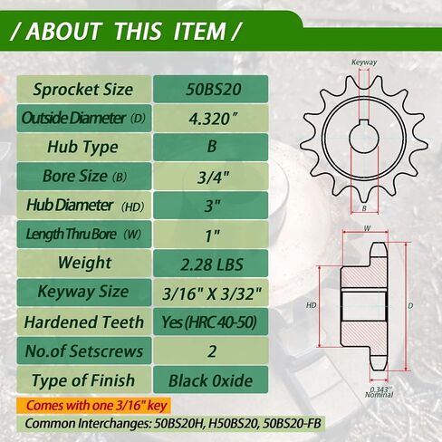 #50 Roller Chain Sprocket 20 Tooth 3/4" Bore (3/16" Keyway) Black Oxide with 2 Set Screws & Key Included for Conveyor Farm Equipment Packaging Industrial Heavy Duty Drive, Hardened Steel 50BS20-3/4 in Saudi Arabia