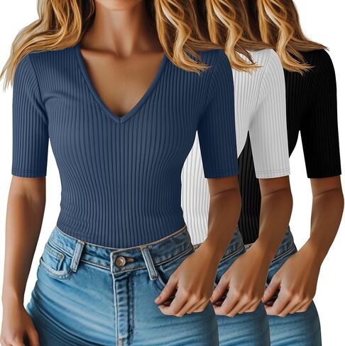Riyiper 3 Pack Women's Half Sleeve Top Elbow Length Ribbed Cotton T Shirt Women V Neck Summer Tee Slim Fit Casual Blouses in Kuwait