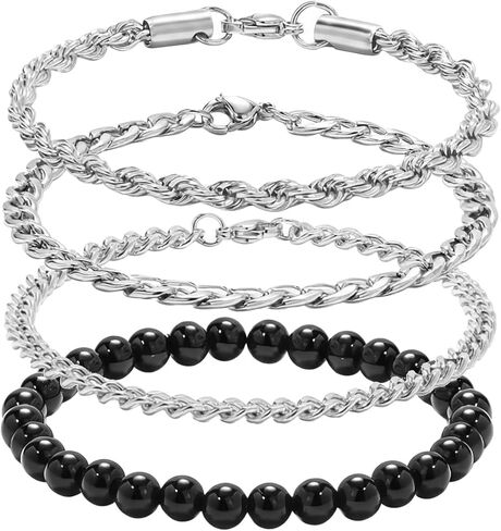 Stainless Steel Silver Bracelets for Men: 4Pcs Rope Cuban Link Bracelet for Men - 6mm Black Onyx Beaded Bracelets - Stainless Steel Mens Bracelet Silver Jewelry Set - 7.5 Inch Cool Wrist Chains in Kuwait