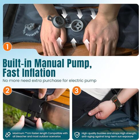 مقاعد استاد محمولة قابلة للنفخ مع دعم للظهر، كراسي تبييض مريحة مع ظهر ووسادة [تبريد، مقاومة للماء، خفيفة الوزن] مع حقيبة تخزين وحمل 2 في 1، مثالية للمناسبات الرياضية/الخارجية in Kuwait