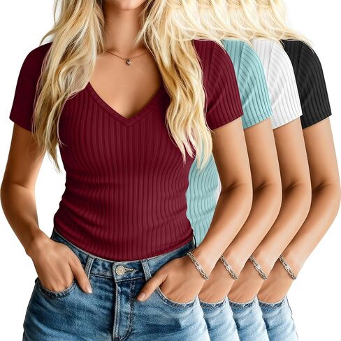 Neer 4 Pack Women’s V Neck Thirts Cotton Sleeve Short Slim Fit Tops Discal Summer Basic Tee Multipack in Saudi Arabia