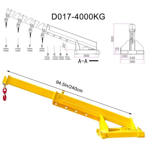 8800LB Forklift Jib Boom Crane, Mobile Crane Lifting Hoist, Max Length 7.8 Feet, Forklift Boom Attachment Towing Handling Equipment, 6.3" x 2.5" Socket Size in Kuwait