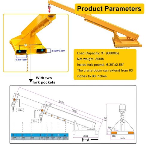 Forklift Jib Boom Forklift Mobile Crane, 3T / 6600LB Telescopic Crane Attachment with Hook, Adjustable 63"-98" Mobile Lifting Hoist Towing Handling for Warehouse & Construction Material in Saudi Arabia