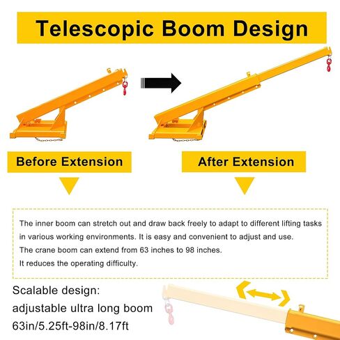 Forklift Jib Boom Forklift Mobile Crane, 3T / 6600LB Telescopic Crane Attachment with Hook, Adjustable 63"-98" Mobile Lifting Hoist Towing Handling for Warehouse & Construction Material in Saudi Arabia