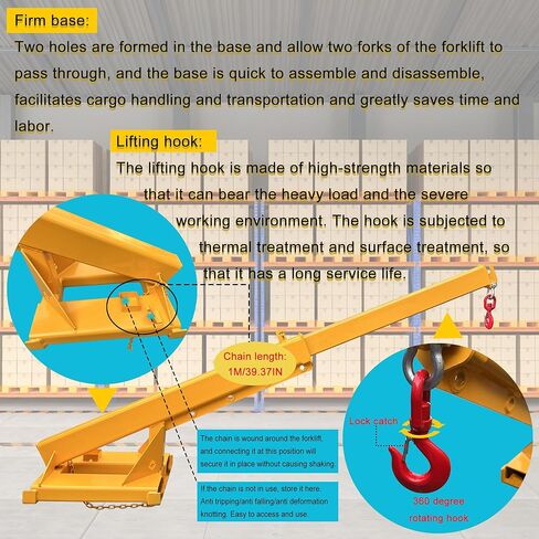Forklift Jib Boom Forklift Mobile Crane, 3T / 6600LB Telescopic Crane Attachment with Hook, Adjustable 63"-98" Mobile Lifting Hoist Towing Handling for Warehouse & Construction Material in Saudi Arabia
