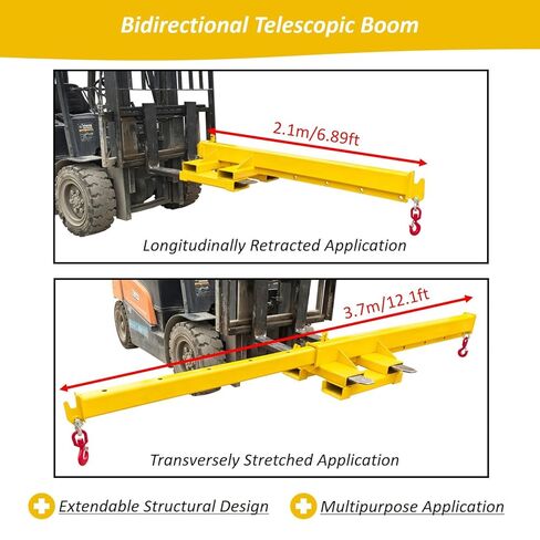 4400LB Forklift Jib Boom Crane Attachment – Bidirectional Telescopic Carbon Steel Hoist, 12.1ft Adjustable Lifting Arm, 6.3"x2.56" Pocket Size, for Warehouse Farm in Kuwait