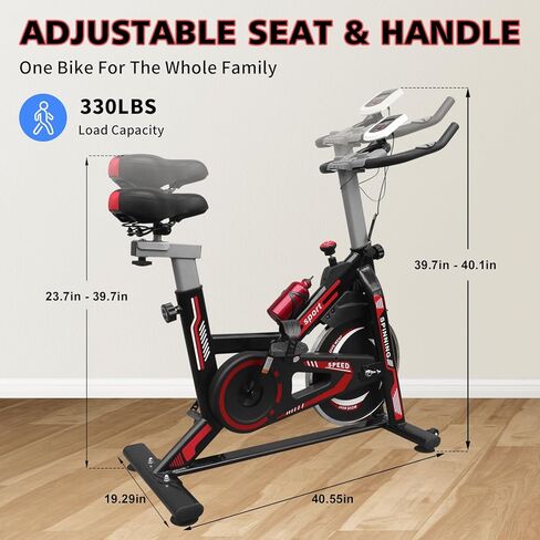Indoor Exercise Bike with Adjustable Seat and Handlebars, 330 LBS Capacity, LCD Display, Tablet Holder, Belt Drive System, Black and Red in Saudi Arabia