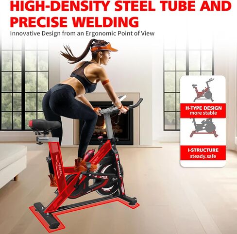 Indoor Exercise Bike with Adjustable Seat and Handlebars, 330 LBS Capacity, LCD Display, Tablet Holder, Belt Drive System, Black and Red in Saudi Arabia
