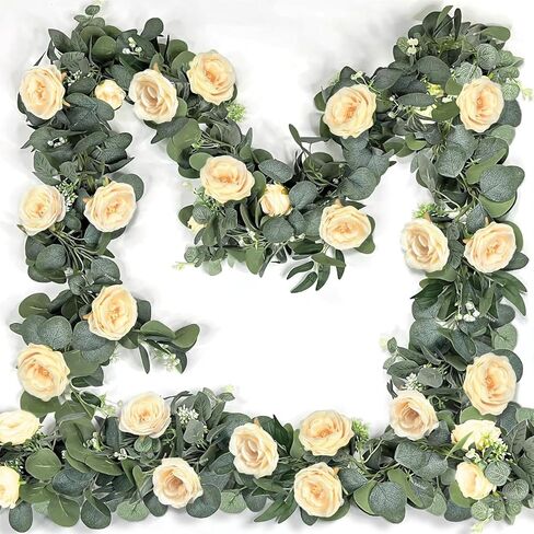 2 Pack 13Ft Artificial Eucalyptus Flower Garland with White Roses, Fake Rose Flower Greenery Garland Floral Vines for Wedding Home Party Table Runner Decor (White) in Kuwait