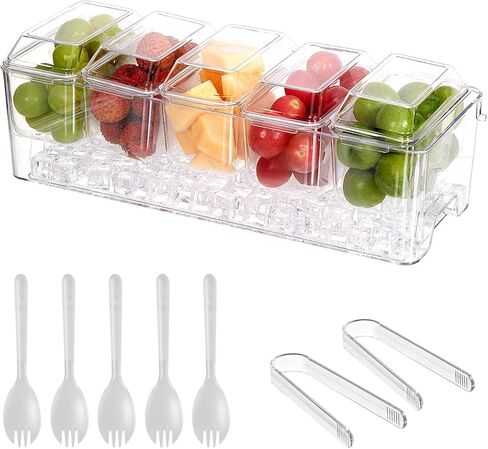 Chilled Condiment Server，Taco Bar Serving Set for Party，15.3" Condiment Serving Platters with 5 Separate Lids and Removable Compartments, Set of 5 Serving Spoons & 2 Clips (5 Containers, 1 pack) in Kuwait