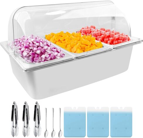 حاوية عرض تقديم الطعام على سطح الطاولة مع غطاء علوي شفاف، عرض بوفيه لوازم تقديم الطعام، محطة بوفيه بار سلطة مثالية للمنزل ومستلزمات تقديم الطعام، خادم بوفيه الطعام البارد (3 أوعية) in Kuwait