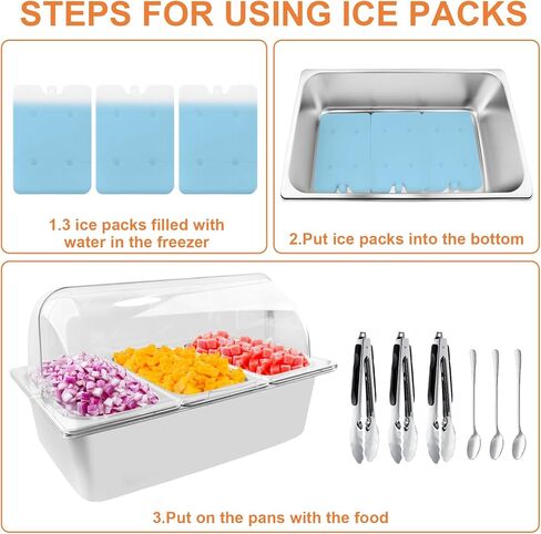 حاوية عرض تقديم الطعام على سطح الطاولة مع غطاء علوي شفاف، عرض بوفيه لوازم تقديم الطعام، محطة بوفيه بار سلطة مثالية للمنزل ومستلزمات تقديم الطعام، خادم بوفيه الطعام البارد (3 أوعية) in Kuwait