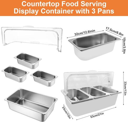 حاوية عرض تقديم الطعام على سطح الطاولة مع غطاء علوي شفاف، عرض بوفيه لوازم تقديم الطعام، محطة بوفيه بار سلطة مثالية للمنزل ومستلزمات تقديم الطعام، خادم بوفيه الطعام البارد (3 أوعية) in Kuwait