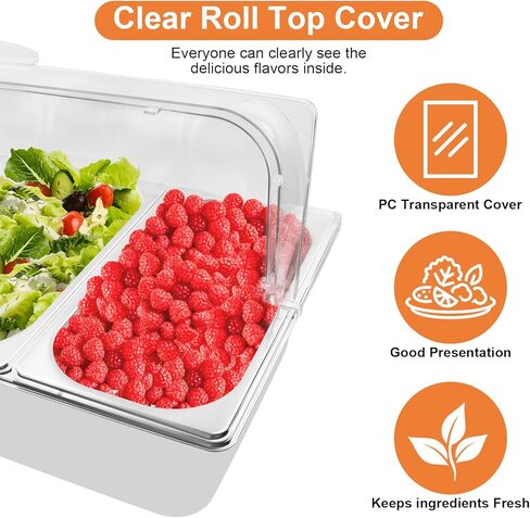 حاوية عرض تقديم الطعام على سطح الطاولة مع غطاء علوي شفاف، عرض بوفيه لوازم تقديم الطعام، محطة بوفيه بار سلطة مثالية للمنزل ومستلزمات تقديم الطعام، خادم بوفيه الطعام البارد (3 أوعية) in Kuwait