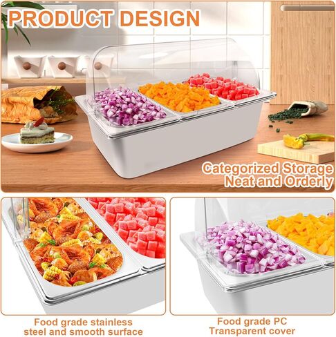 حاوية عرض تقديم الطعام على سطح الطاولة مع غطاء علوي شفاف، عرض بوفيه لوازم تقديم الطعام، محطة بوفيه بار سلطة مثالية للمنزل ومستلزمات تقديم الطعام، خادم بوفيه الطعام البارد (3 أوعية) in Kuwait