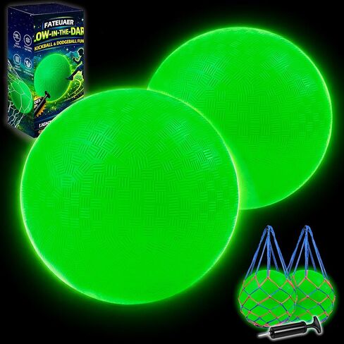 عبوة من قطعتين من كرة التوهج في الظلام، كرة ملعب كيك بول مضيئة مقاس 8.5 بوصة مع حقيبتين شبكيتين ومضخة يدوية، لا تحتاج إلى بطارية، يتم شحنها عن طريق ضوء الشمس أو الضوء الداخلي، كرات مطاطية نطاطة خضراء مضيئة، صندوق هدايا in Kuwait