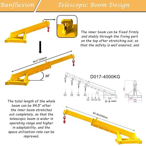 Forklift Jib Boom Crane, 8800LBS/4T Capacity Heavy Duty Telescopic Crane, Manual Adjustable Arm Extends to 94.5 Inch, with Truss Boom & Hook for Warehouse, Factory, Equipment Handling in Saudi Arabia