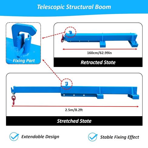 2200LB Forklift Jib Boom Crane, Mobile Crane Lifting Hoist, Max Length 8.2 Feet, Forklift Boom Attachment Towing Handling Equipment, 6.3''x2.17'' Socket Size in Kuwait